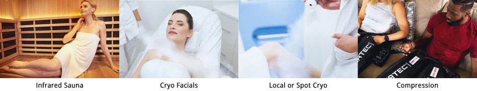 Services: infrared sauna, cryo facials, local or spot cryo, compression
