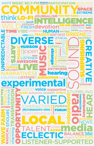 word cloud - sound, experimental, diverse, varied, music, live, etc
